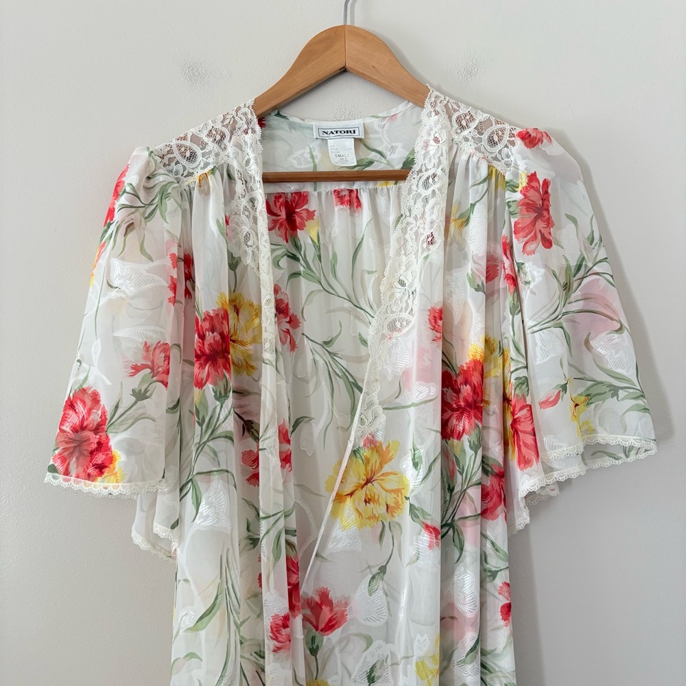 Natori Floral Sheer Lace Trim Wrap Robe Maxi‎ Romantic Vintage Lingerie Small - Picture 5 of 14